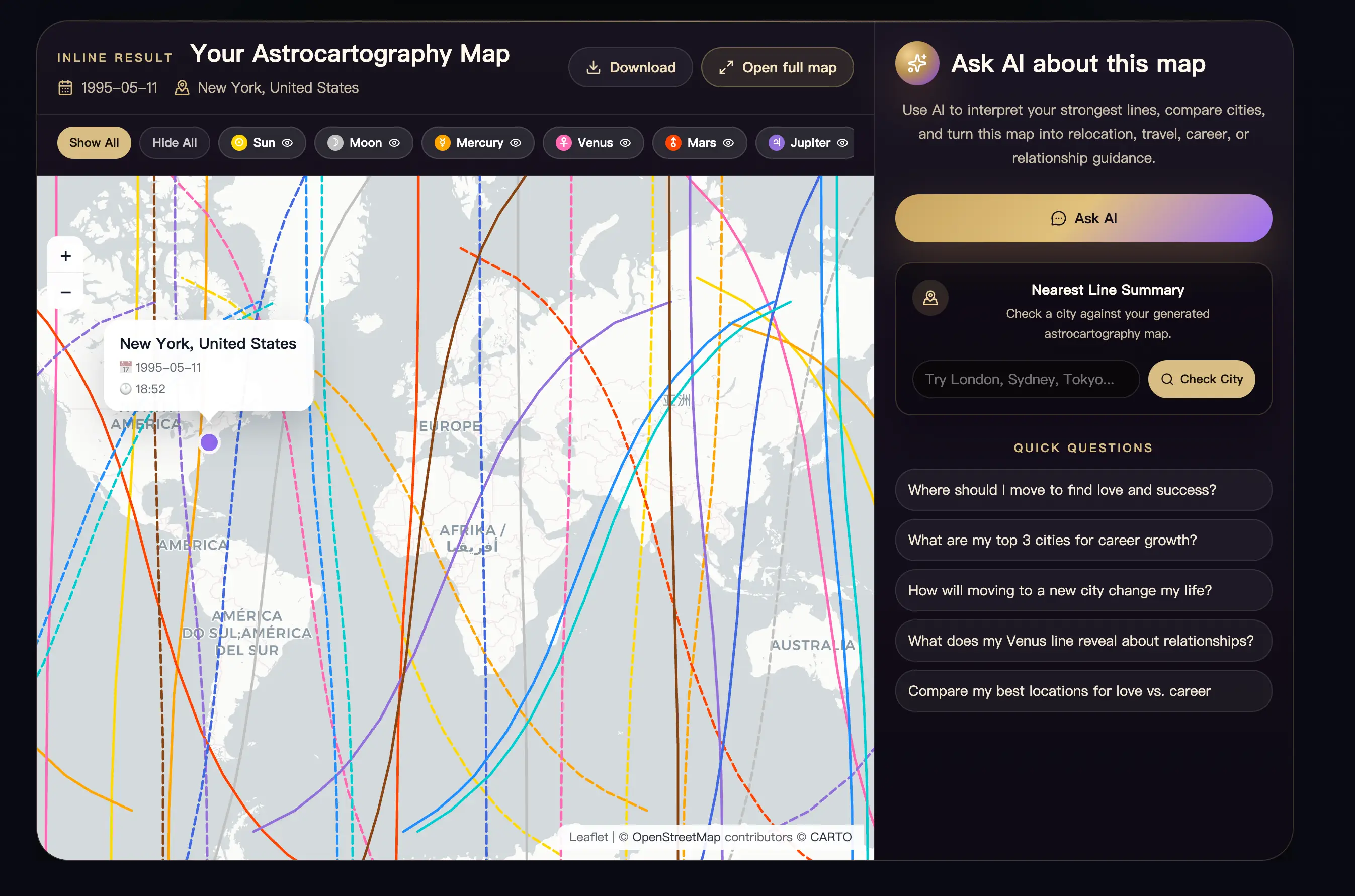 AstroCarto 生成的地理占星图表和交互式地图示例，显示行星线。