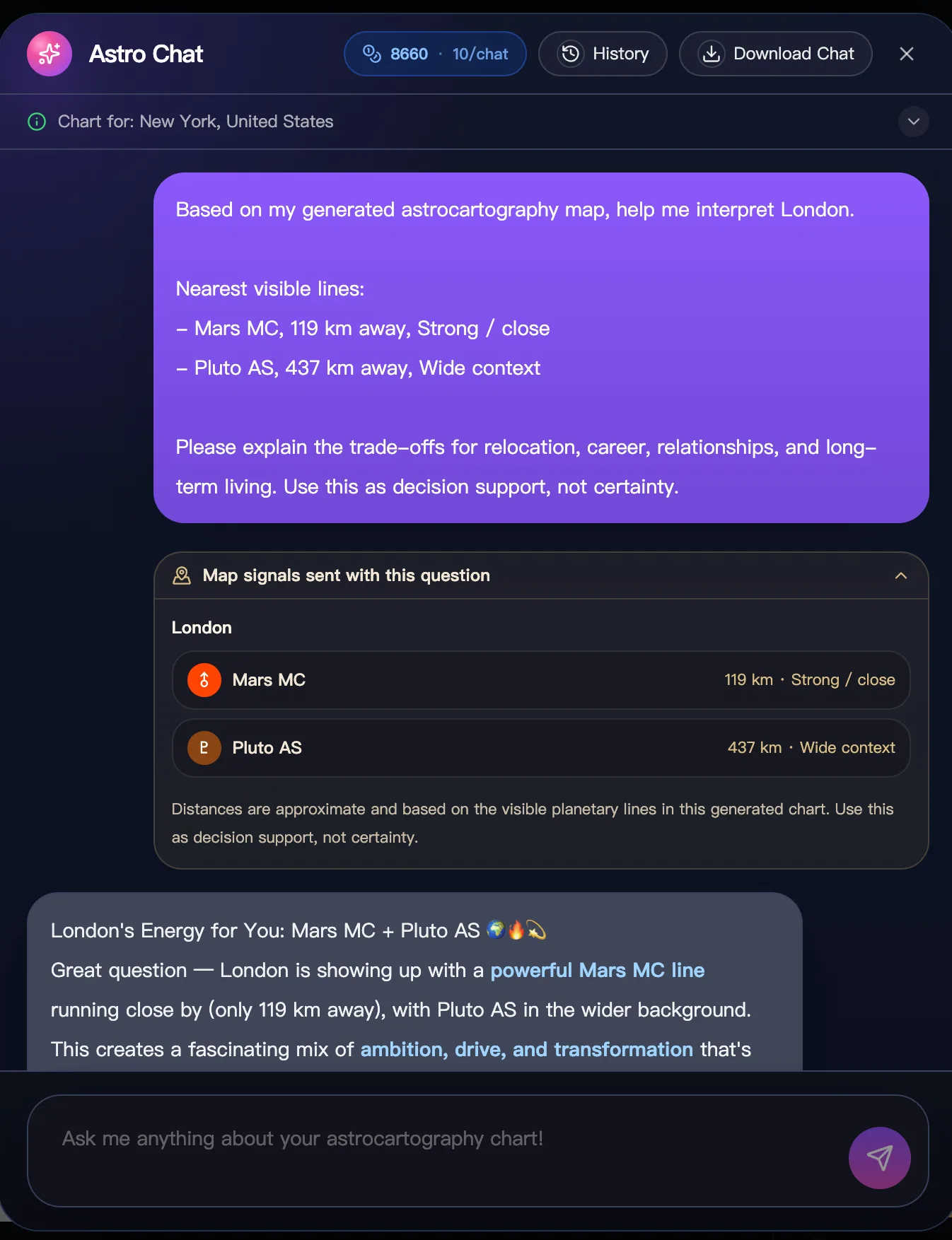 AI 地图信号回执，显示随城市问题发送的已计算地理占星信号。