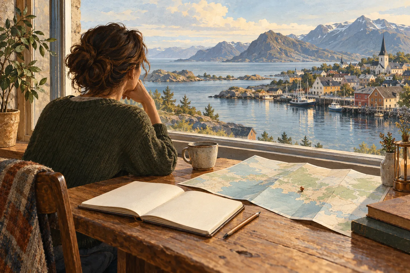 A traveler considers a coastal destination with an open notebook and a map beside the window