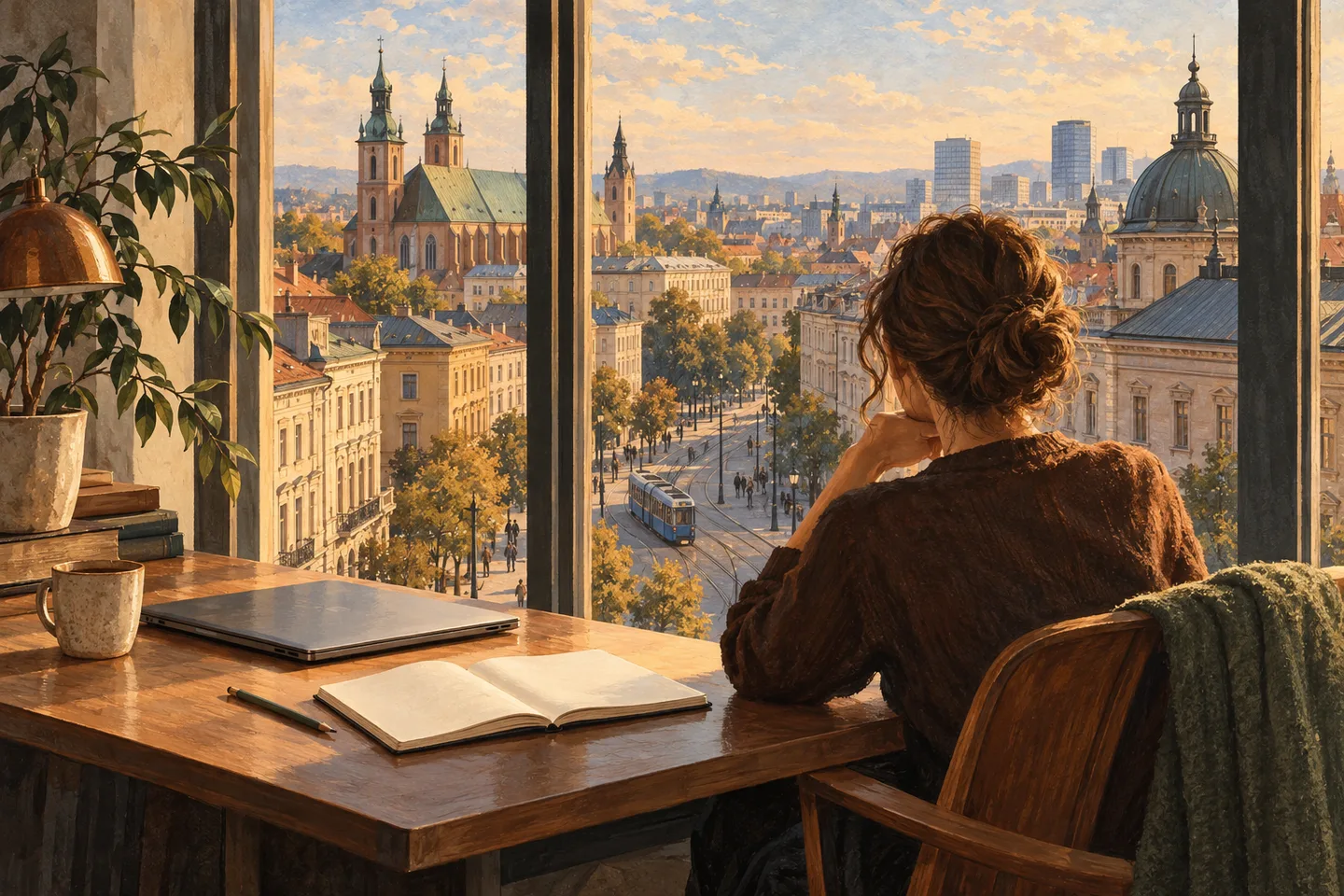 A person considers a possible working life in another city from a quiet desk beside a window