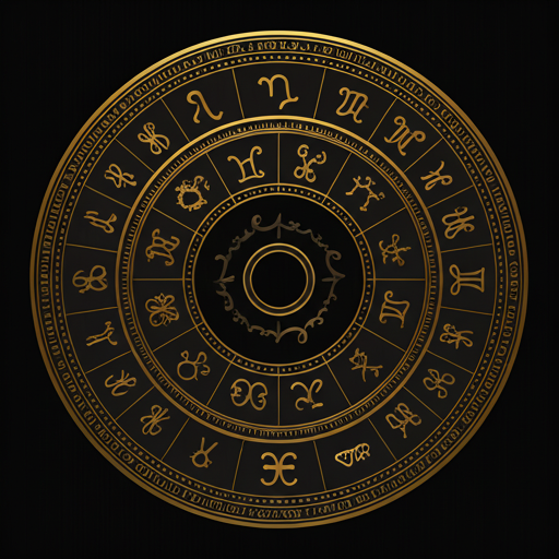 Roda zodiacal detalhada com linhas douradas finas sobre fundo azul-marinho profundo.